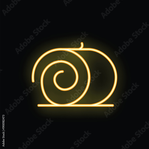 Yellow neon sign illuminating a swiss roll cake on black background, perfect for bakery advertisement