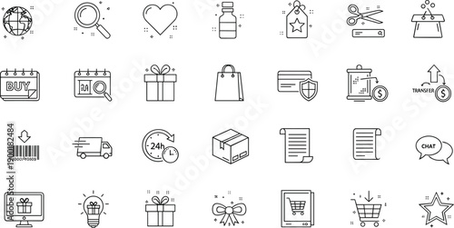 E-commerce icons, online shopping symbols, retail vector set, black and white line art, digital store graphics, editable marketing illustrations