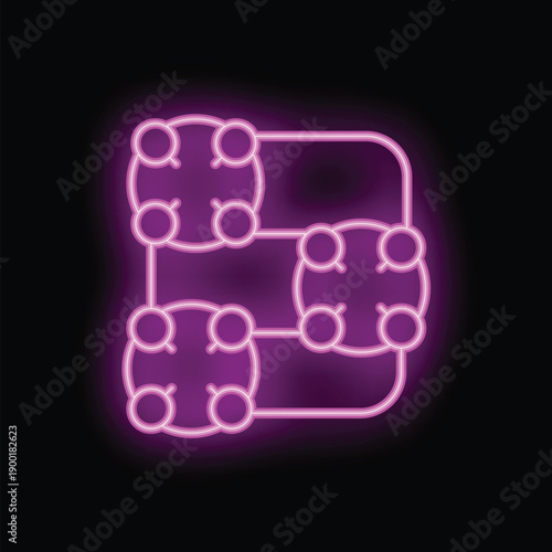 Neon pink blockchain icon glowing on a dark background, representing the concept of cryptocurrency and decentralized networks