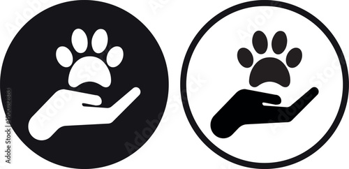 Paw print on hand icon set in two styles .  Animals protection sign . Pet care icon . Vector illustration