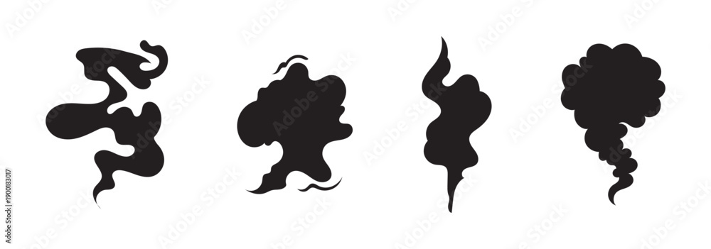 Fototapeta premium Vector collection of smoke silhouettes with abstract steam, vapor and swirl shapes. Black flowing smoke elements ideal for effects, overlays, logos and graphic design.