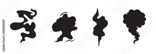 Vector collection of smoke silhouettes with abstract steam, vapor and swirl shapes. Black flowing smoke elements ideal for effects, overlays, logos and graphic design.