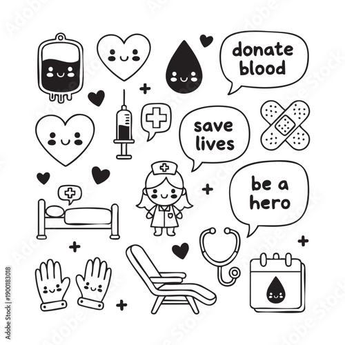 Blood Donation Illustration Set, Donate Blood Medical Doodle Icons, Save Lives Healthcare Line Art