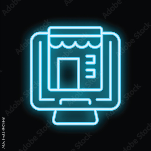 Neon online shop icon glowing blue representing e commerce and digital marketing