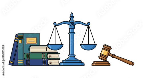 Classic symbols of justice including scales, a gavel, and law books, representing legal authority.