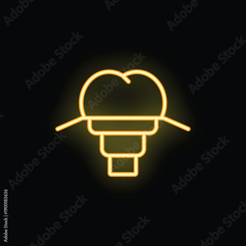 Yellow neon icon of a dental crown being placed on a tooth implant on a black background, ideal for healthcare and dentistry related visuals