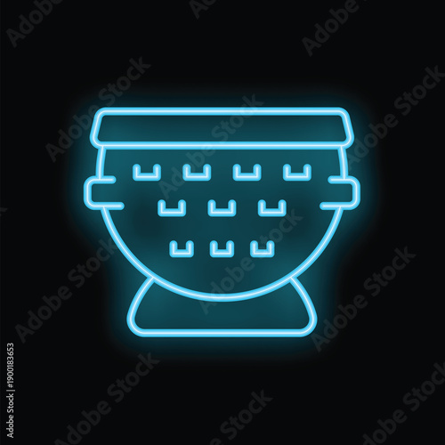 Blue neon icon of a colander glowing on black background