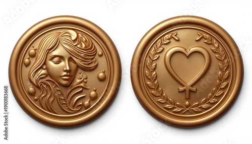A vector graphic illustration of two bronze coins with a female symbol and heart design on a white background women's day