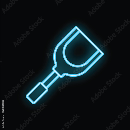 Bright blue neon shovel icon glowing on a dark background