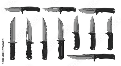 Collection of various tactical and outdoor knives with gray handles, designed for survival and utility.