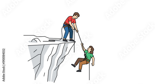 Man helping a woman climb up a rugged cliff face with a rope, illustrating support and rescue.