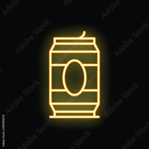 Yellow neon sign depicting an aluminum can with a drink, isolated on a black background