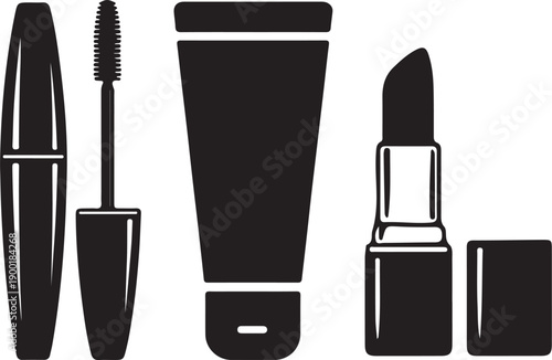 Set of black cosmetic icons including mascara lipstick and cream tube flat vector design for beauty and makeup applications isolated on white background