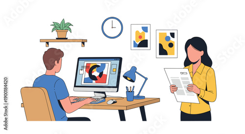 Graphic designer working on a computer while a woman holds documents in a creative studio environment.