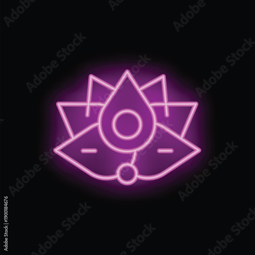 Vibrant neon purple ajna chakra symbol is glowing on a black background, representing intuition, awareness, and spiritual insight