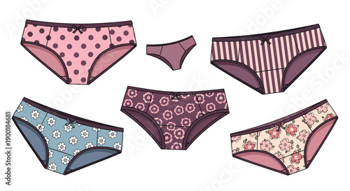 Collection of colorful panties with diverse patterns like polka dots, stripes, and floral designs.