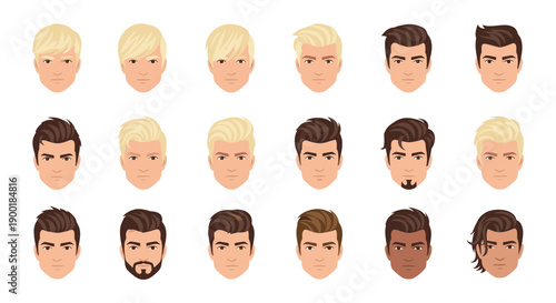 Collection of male face avatars with various hairstyles and hair colors for diverse representation.