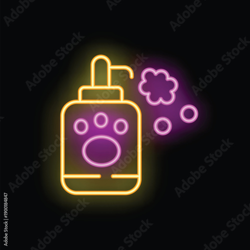 Brightly colored neon icon of a pet shampoo bottle dispensing soapy foam on a black background