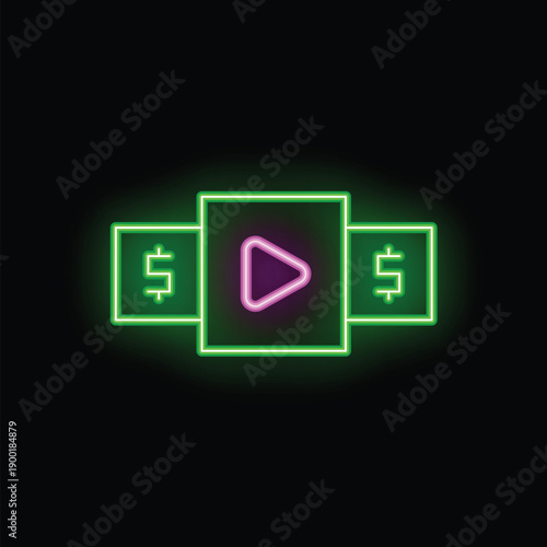 Neon icon of a play button between two dollar signs representing paid online content, streaming platform subscription, pay per view video