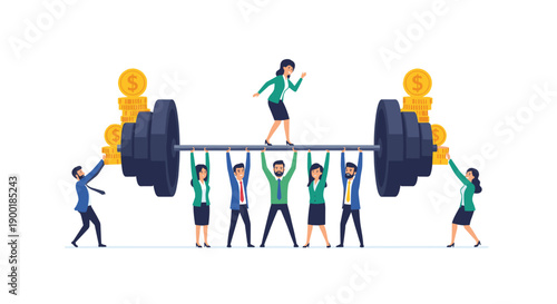 Large business team lifting a heavy barbell with gold coins, symbolizing collective effort for financial success.