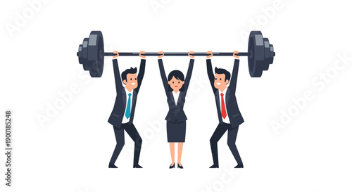 Business team in suits lifting a heavy barbell together, depicting corporate strength and collective achievement.
