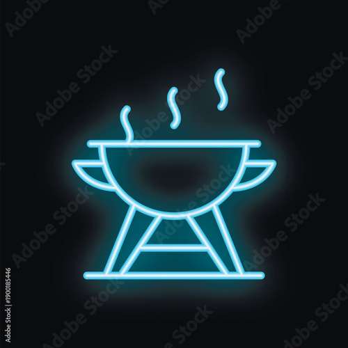 Blue neon sign of a barbecue grill emanating heat on a black background