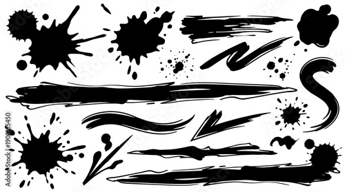 Dynamic Black Ink Marks: Hand-Drawn Splatters and Strokes for Creative Design Projects, Ideal for Grunge Effects, Textures, and Artistic Overlays, Adding an Edgy, Bold Touch to Digital and Print Media