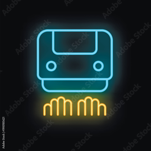 Blue and yellow neon sign of a modern high speed maglev train levitating above ground