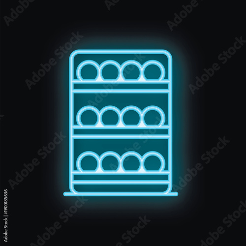 Neon blue icon of a vending machine displaying its goods on shelves