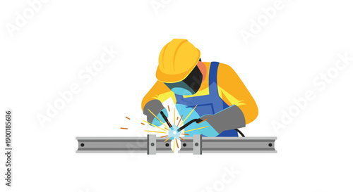 Welder in yellow and blue protective gear working on metal bars, generating radiant sparks.