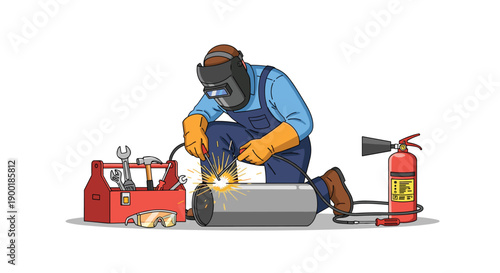 Welder kneeling, working on a pipe with a toolbox and fire extinguisher nearby, emphasizing safety.
