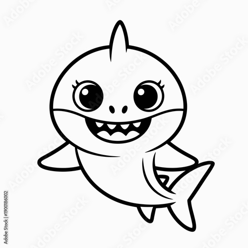 A cheerful cartoon shark with a friendly smile and big eyes swimming happily isolated on white background, Vector, illustration