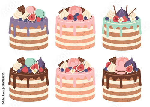 Cake dessert illustrations set, layered sweet bakery cakes with cream fruit and chocolate, cartoon food vector collection on transparent background