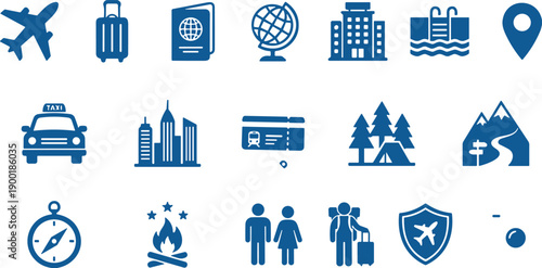 Travel, tourism, vacation, icons, set, including, airplane, suitcase, passport, globe, hotel, pool, map, taxi, city, ticket, camping, mountains, compass, bonfire