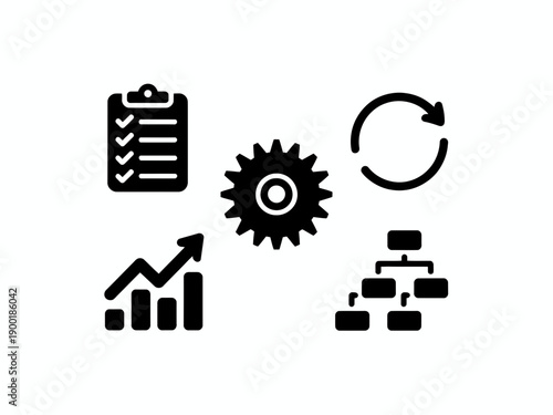 Visual icons representing project management and organizational workflow concepts isolated on white background, Vector, illustration