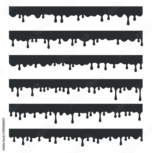 Liquid paint drip vector collection, melting slime border edges and abstract decorative elements on transparent background