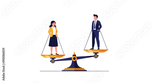 Man and woman standing on a colorful balance scale, symbolizing gender equality and equal standing.
