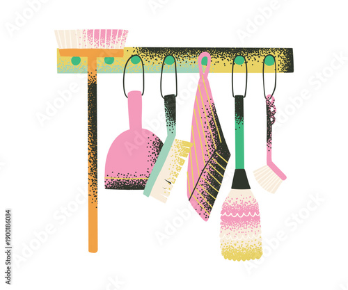 A set of tools for cleaning and home care. Mop, broom, cleaning brush, rag, bright clipart hand drawn.