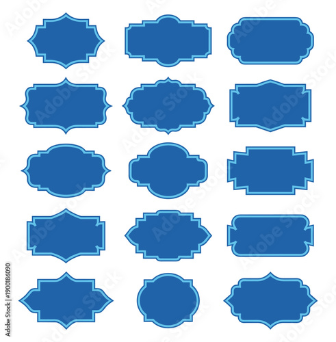 Decorative blue label frames set, filled badge and plaque shapes vector collection on transparent background