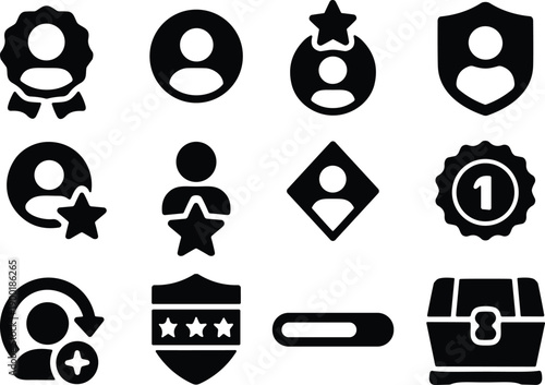 User, profile, icons, set, member, account, avatar, badge, award, security, protection, ranking, chest, loot, progress, bar, vector, illustration, black, design