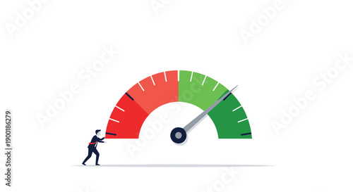 Determined businessman pushing a performance gauge needle into the green zone, optimizing efficiency on white background