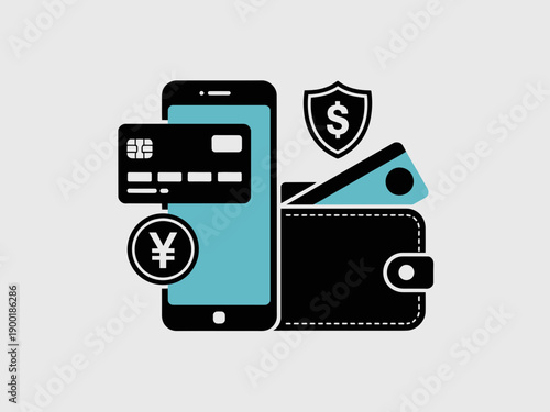 Digital and traditional payment methods illustrated with mobile, cards, and wallet. isolated on white background, Vector, illustration