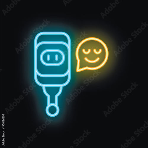 Neon icon of electric vehicle charger showing happy emoji, concept of electric mobility and sustainability