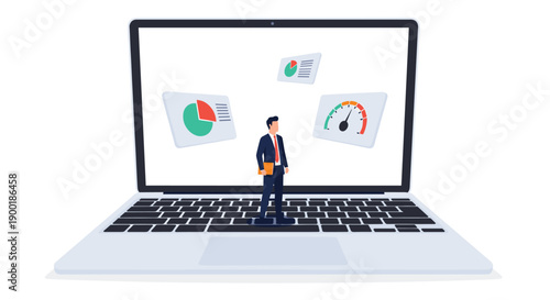 Miniature businessman standing on a large laptop keyboard, surrounded by floating data charts and performance gauges,