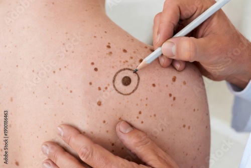 Doctor marking suspicious mole on patient’s back with pencil for skin cancer screening, illustrating dermatology, melanoma detection, and medical examination