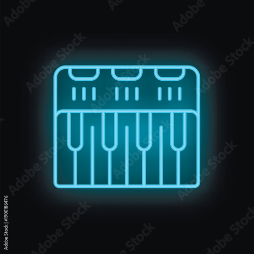 Blue glowing neon icon of a digital musical keyboard synthesizer, representing electronic music production
