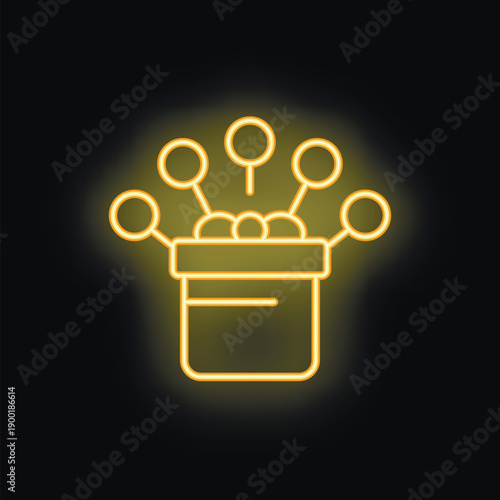 Glowing neon icon of a pincushion with pins sticking out of it