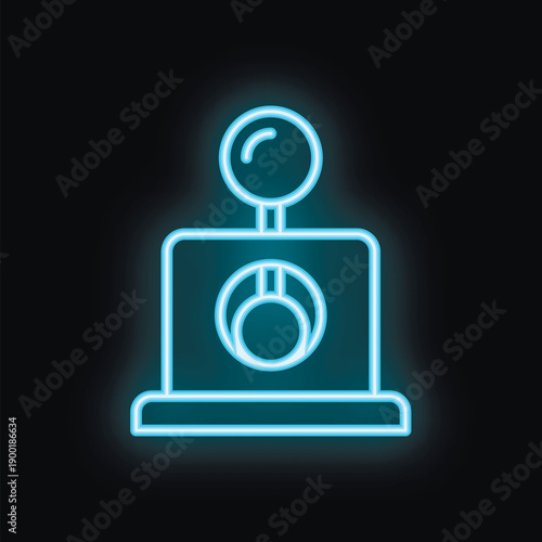 Blue neon sign of a vintage cash register with an open drawer on a black background