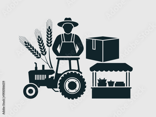 A farmer operating a tractor amidst agricultural tools and harvested crops. isolated on white background, Vector, illustration