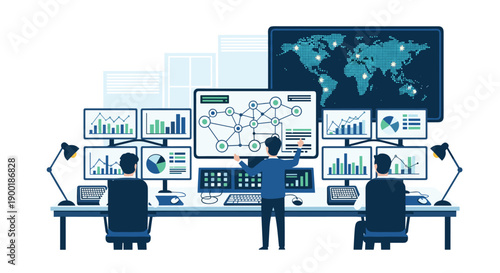 Expert data team monitoring complex global networks and extensive real-time analytics across multiple large, high-tech